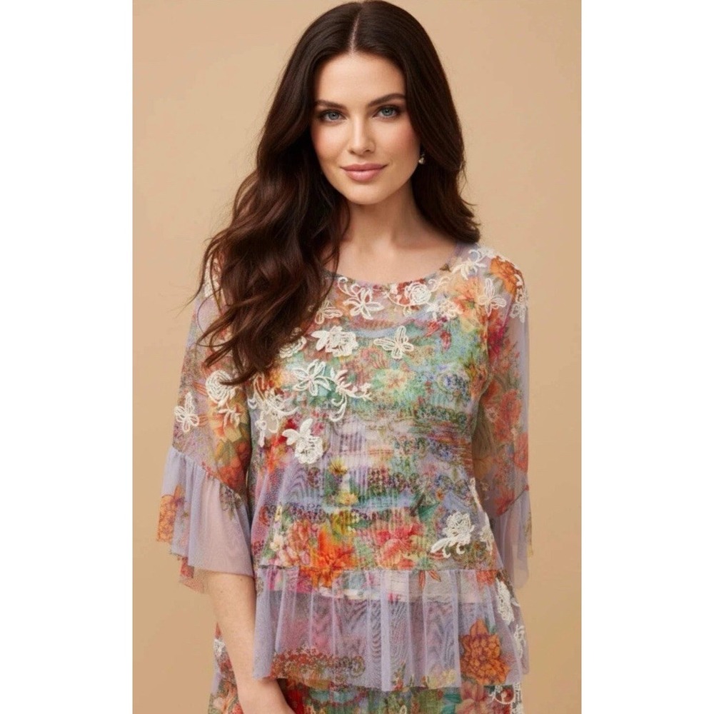 NWT Johnny Was Mae Floral Mesh Top w/ Slip Sz M Embroidered Asteria Floral $298 - Picture 2 of 15